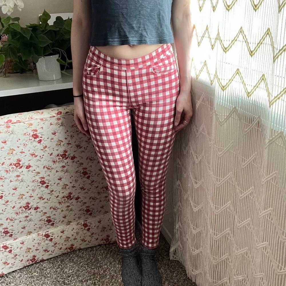Madewell Red White Gingham Print Zipper Pants